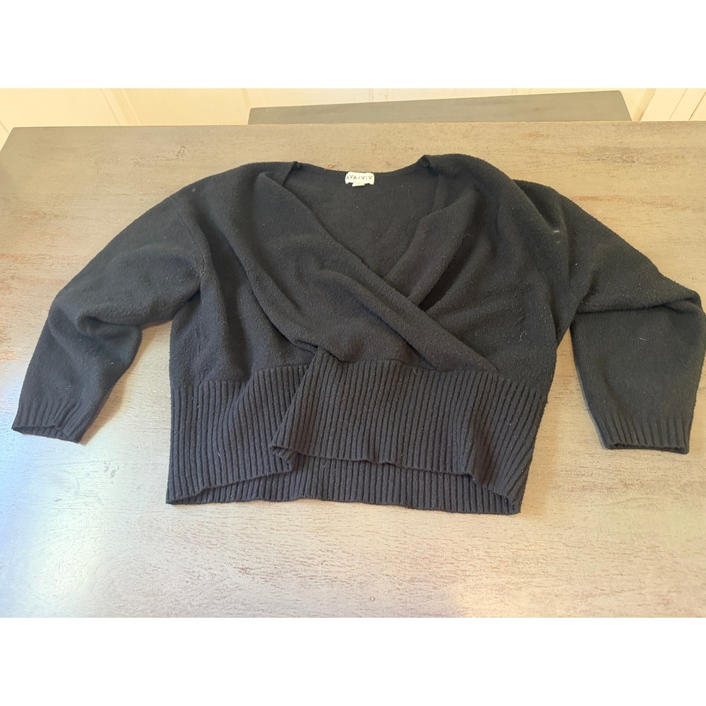 Ava & Viv Womens 1X Black Surplice Wrap Front V-Neck Ribbed Hem Knit Sweater